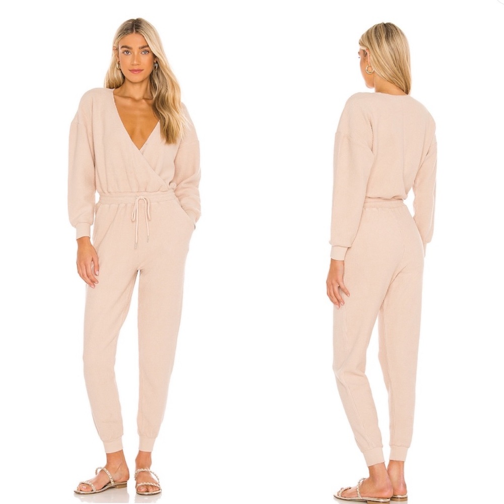 L*Space x Revolve Coastin Ribbed Deep V-Neck Jumpsuit Sandstone Size Small